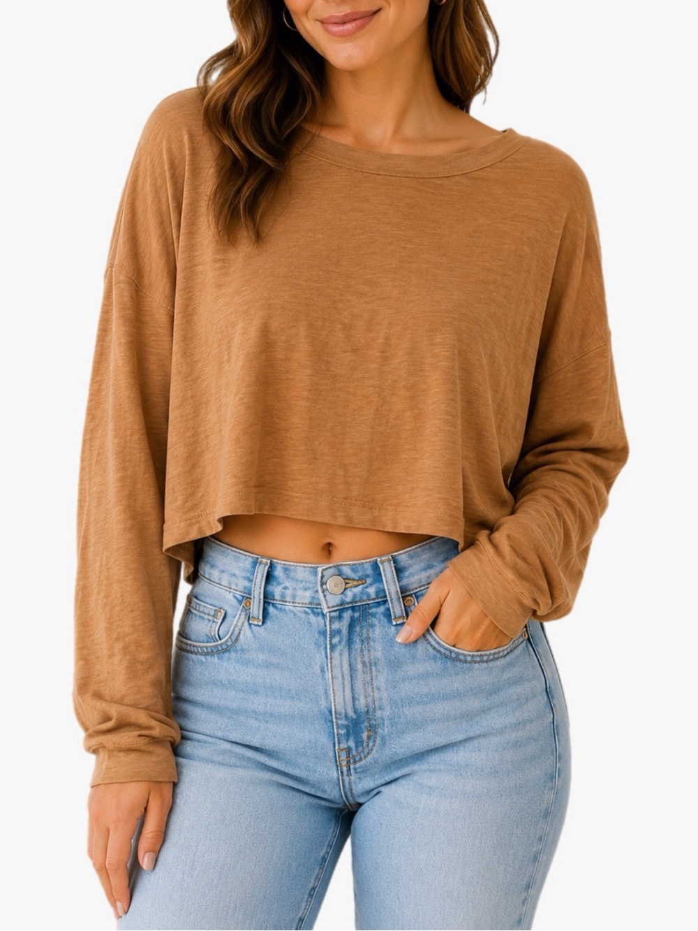 LUXE Boutique NWT Peanut Brown Long Sleeve Cropped Basic Top Women’s Size Small